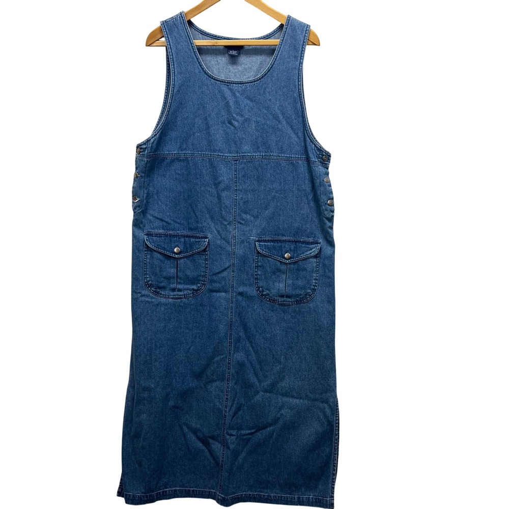 Blue J Denim Jumper Dress Women Large Blue Sleeveless Maxi Side Buttons VTG 90s